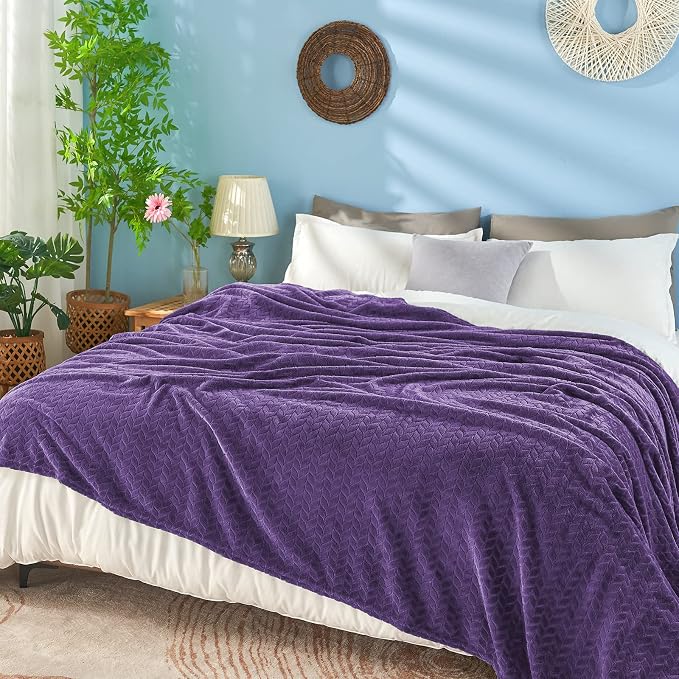 inhand Purple Fleece Twin Blanket, Super Soft Flannel Leaves Pattern Fuzzy - Image 3