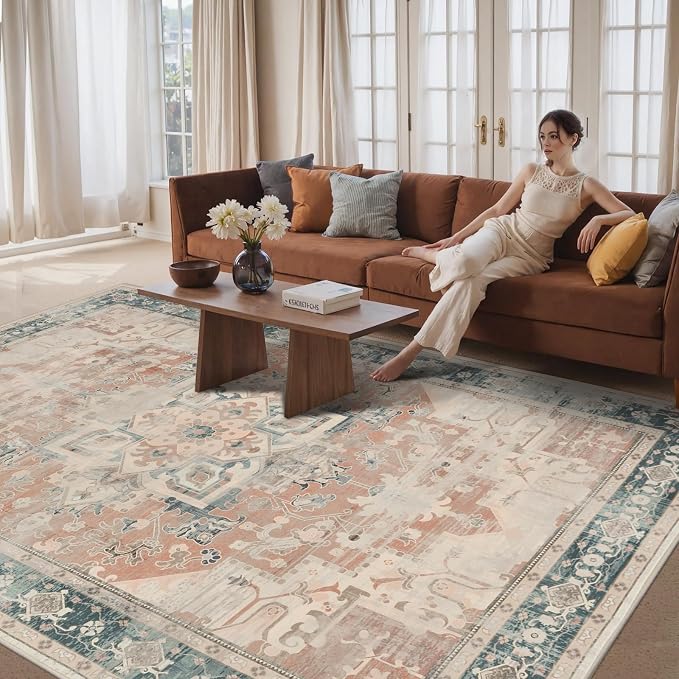 Rugxara 8X10 Orange Boho Rug, Large Washable Area Rugs - Image 3