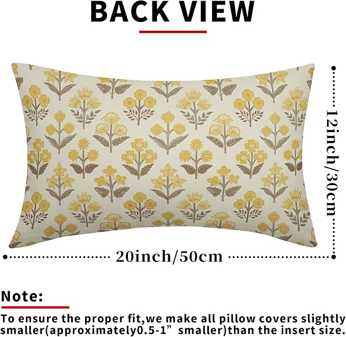 Brown Yellow Floral Pillow Covers 12x20 Inch Set of 2, Block Print Lumbar - Image 3