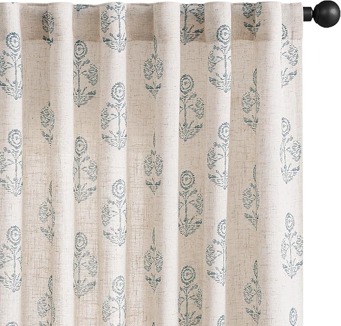jinchan Linen Floral Curtains for Living Room 63 Inch Length Blue Flower by JINCHAN