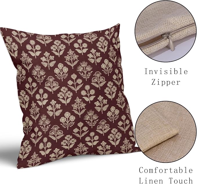 Burgundy Red Floral Block Print Pillow Covers 20x20 Inch Set of 2, Vintage - Image 4