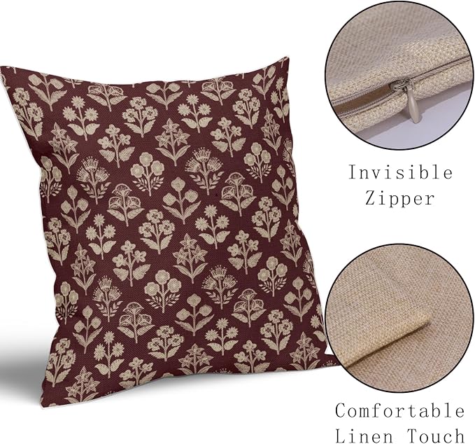 Burgundy Red Floral Block Print Pillow Covers 16x16 Inch Set of 2, Vintage - Image 4