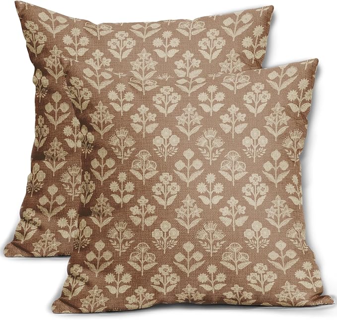 Brown Floral Pillow Covers 22x22 Inch Set of 2, Vintage Flower Block Pattern by Sivirary