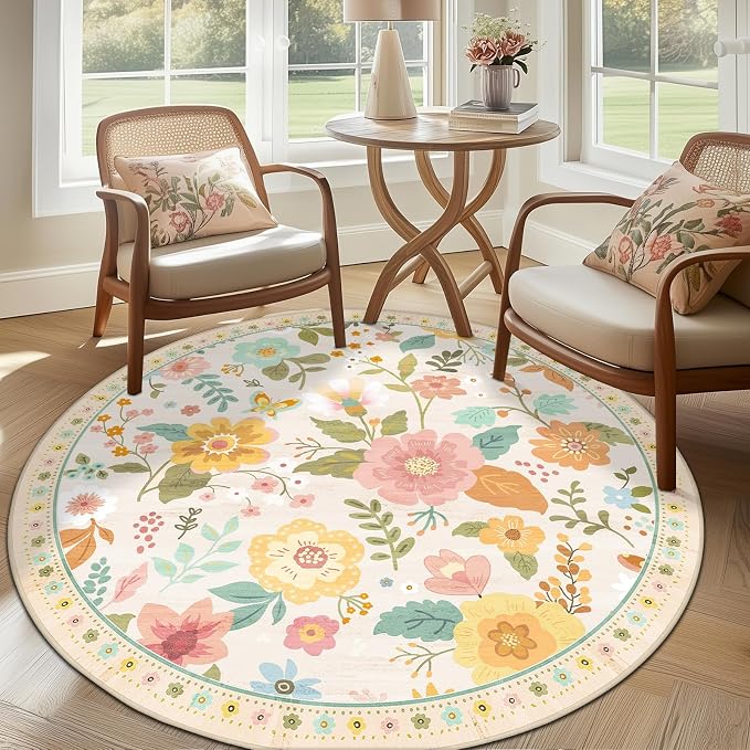 RELEANY Floral Nursery 6ft Area Rugs Washable Print Boho Cute Carpet Non Slip - Image 2