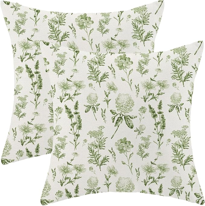 AEIOAE Sage Green Spring Pillow Covers 20x20 Inch Set of 2, Wild Flower Leaves by AEIOAE