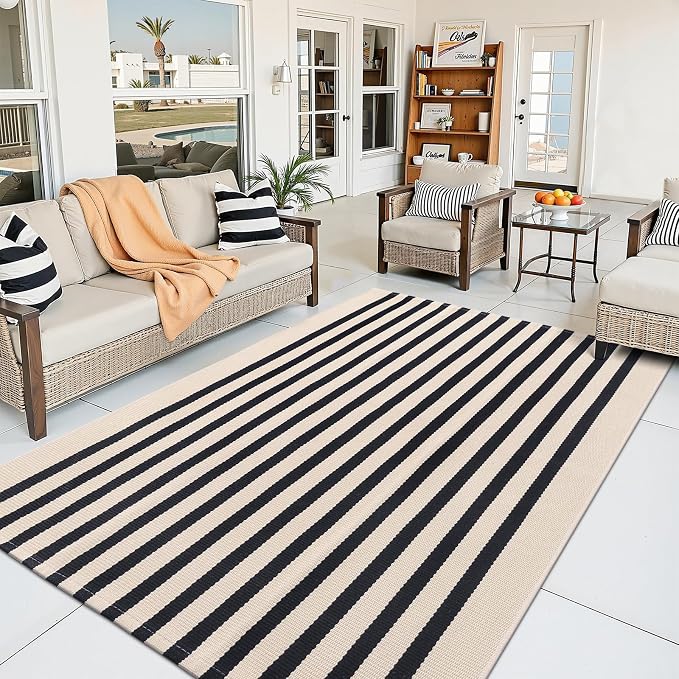 OLANLY Beige and Black Striped Rug 4' x 6' – Washable Cotton Doormat - Image 8