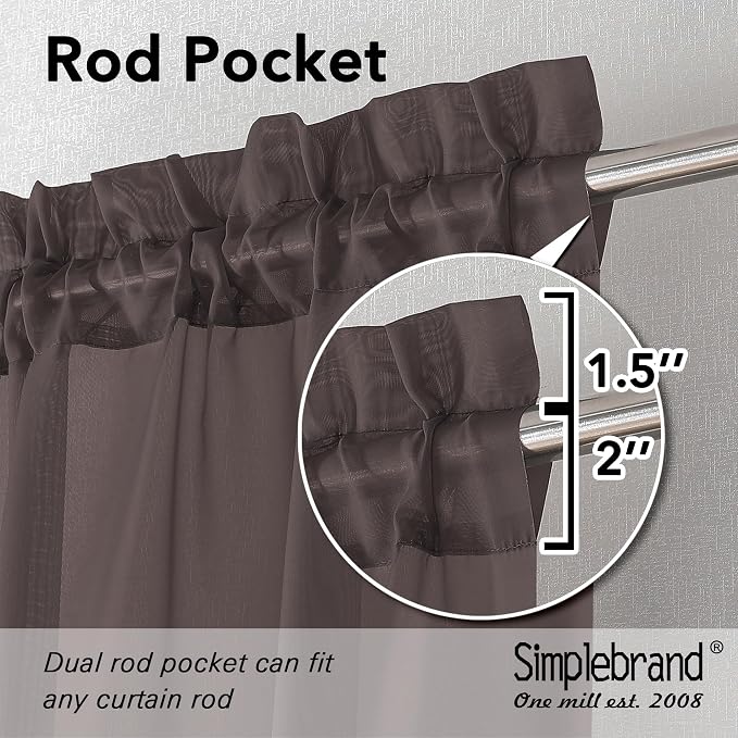 Simplebrand Chocolate Sheer Curtains 96 Inches Long, Light Filtering Rod Pocket - Image 2