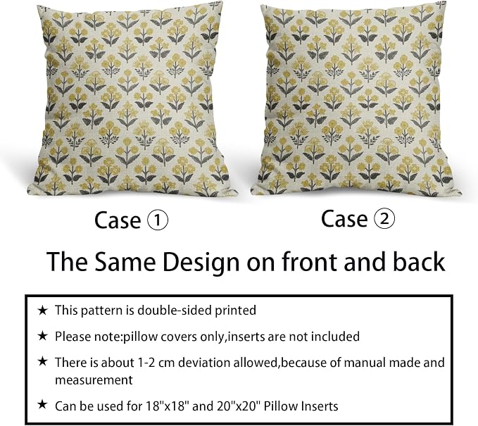 Black Yellow Floral Pillow Covers 20x20 Inch Set of 2, Vintage Flower Block - Image 6