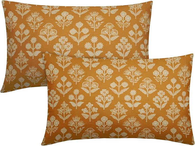 Mustard Yellow Pillow Covers 12x20 Inch Set of 2, Cream Floral Block Print by Sivirary