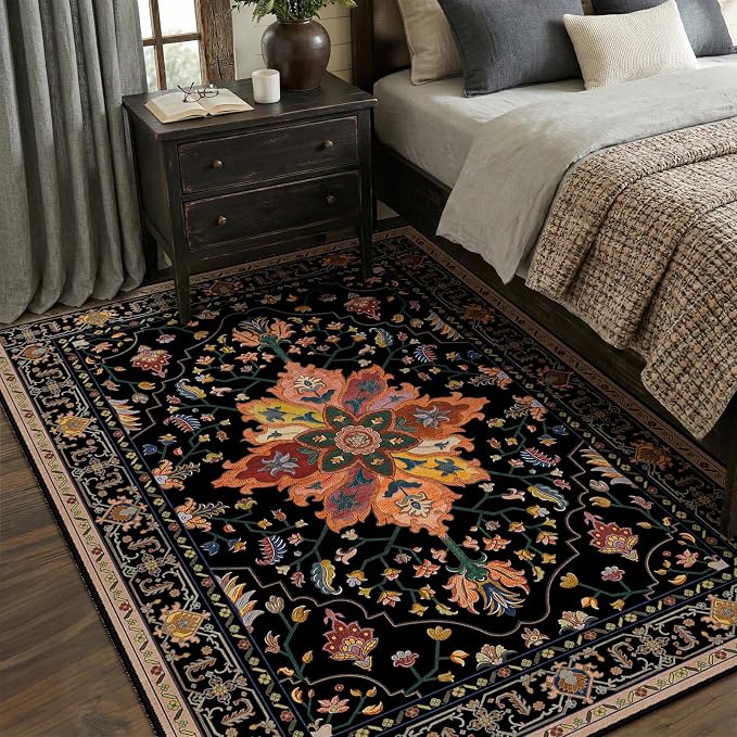 Area Rugs 5'x7' Washable Non-Slip, Floral Vintage Distress Print Pattern - Image 2