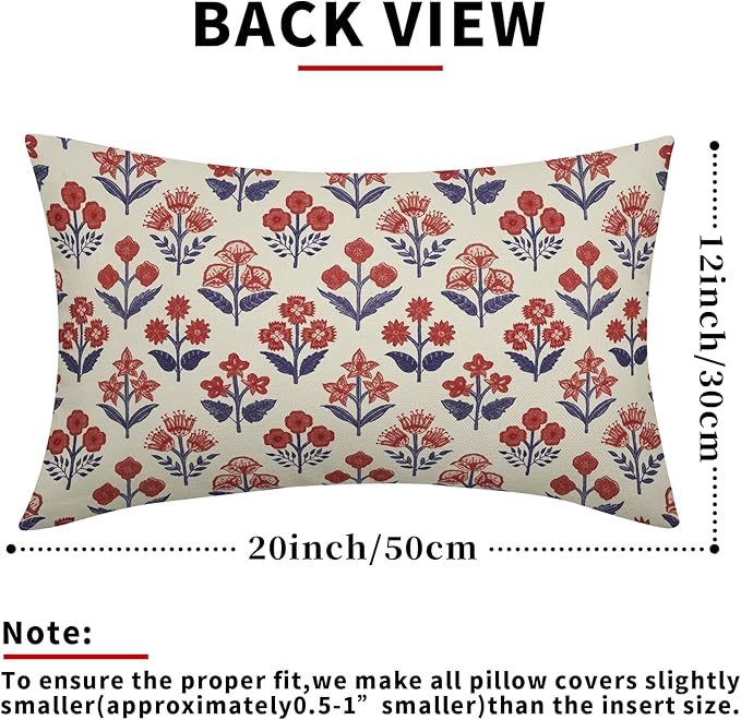 4th of July Patriotic Floral Block Print Pillow Covers 12x20 Inch Set of 2 - Image 3