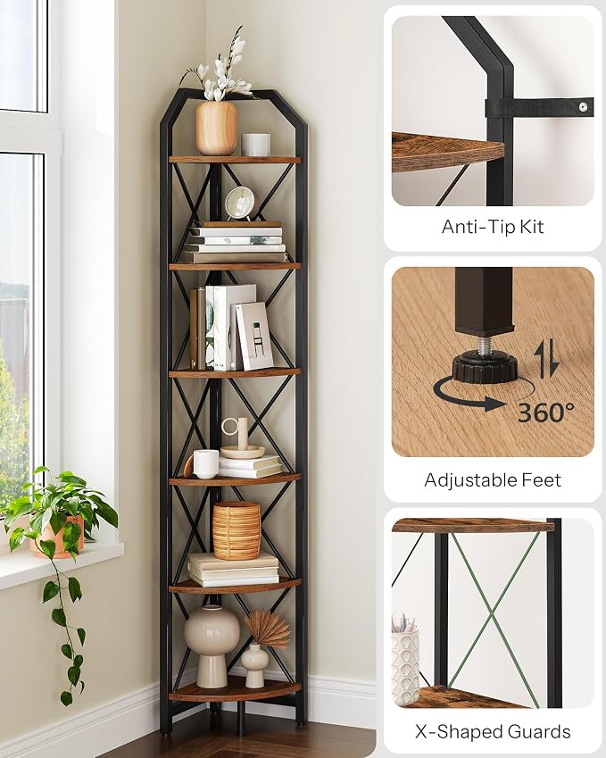 CHOEZON 6-Tier Corner Shelf, Industrial Corner Bookshelf, 71.2" Corner Storage - Image 4