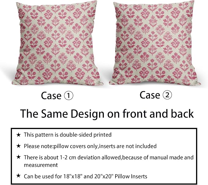 Hot Pink Floral Pillow Covers 16x16 Inch Set of 2, Vintage Flower Block Print - Image 6