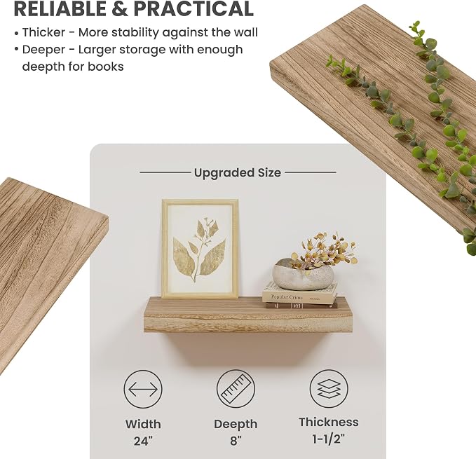 Solid Wood Floating Shelves for Wall 24"W x 8"D x 1.56"H Set of 2, Deep Wall - Image 4