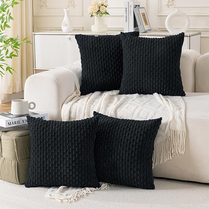 Set of 4 Black Decorative Throw Pillow Covers 16x16 Inch Corduroy Pillow Covers by Cozoomy