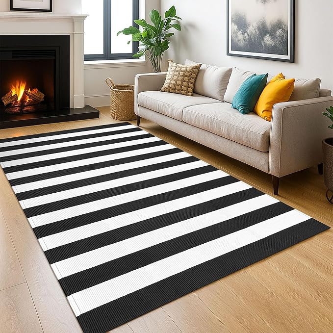 KOZYFLY Black and White Striped Outdoor Rug 5x7 Ft Area Rug Washable Indoor by KOZYFLY