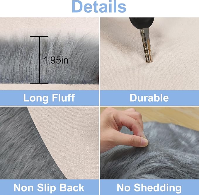 Grey Round Rugs for Bedroom, Fluffy Circle Rug 2 2 Feet for Kids Room, Furry - Image 4