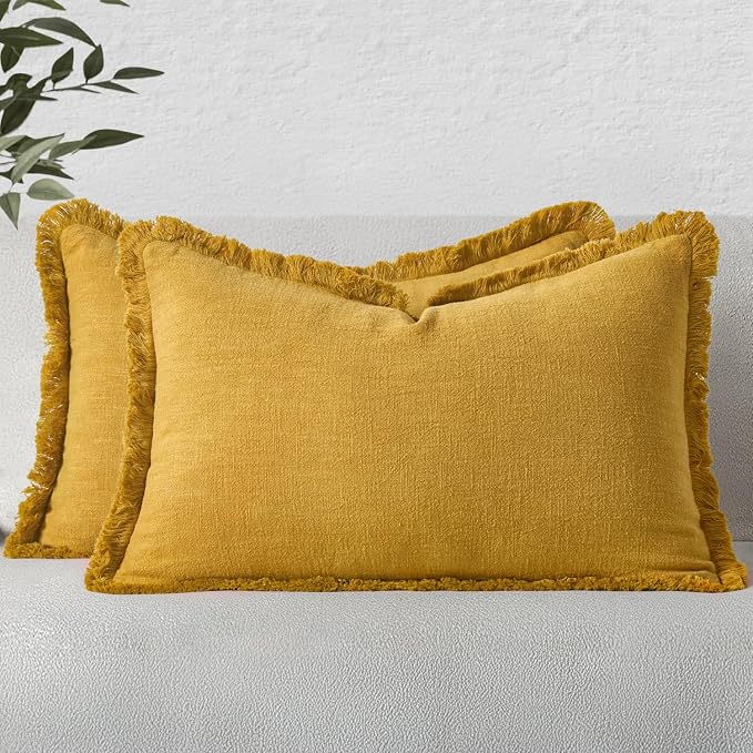 MIULEE Decorative Lumbar Throw Pillow Covers Neutral Linen Fringe Throw Pillows by MIULEE