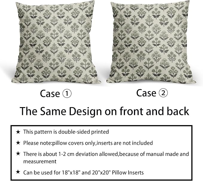Black Sage Green Floral Block Print Pillow Covers 22x22 Inch Set of 2, Vintage - Image 6