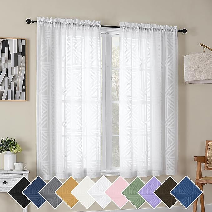 Simplebrand Semi Sheer White Curtains 45 Inch Length 2 Panels, Geometric by Simplebrand
