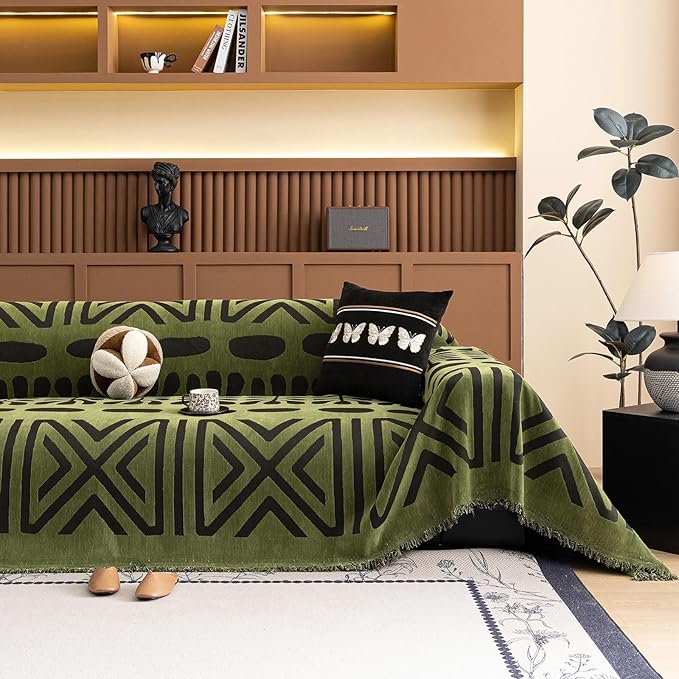 VClife Bohemian Green and Black Couch Cover Western Aztec Sofa Cover by VCLIFE