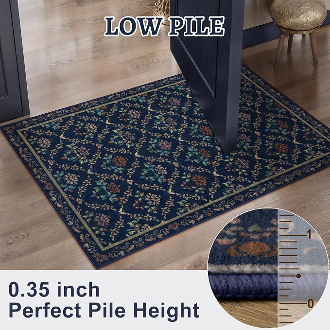 Tangsoo 2x3 Small Washable Entry Rug, Non Slip Blue Floral Throw Area Rugs - Image 3