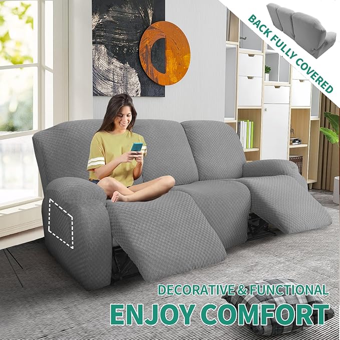 YEMYHOM 8 Pieces Stretch Recliner Sofa Cover Latest Jacquard Reclining Couch - Image 2