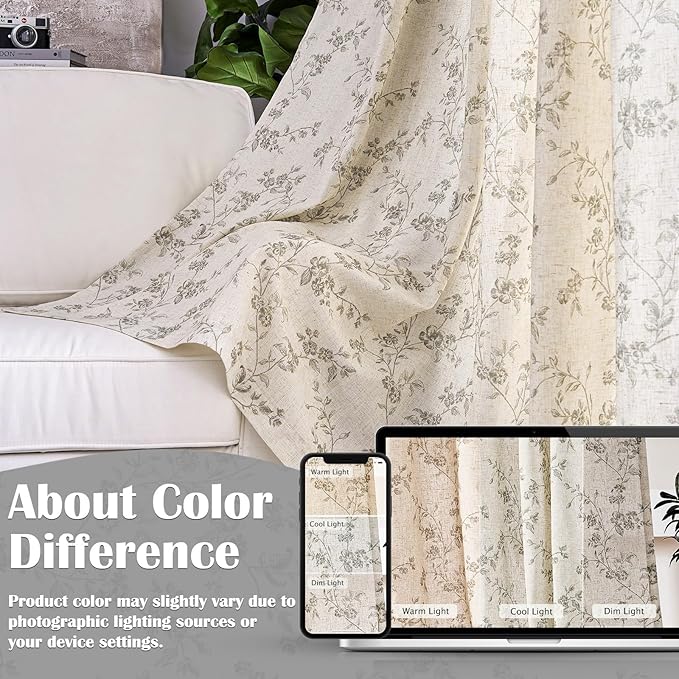 Lazzzy Farmhouse Linen Curtains Gray Floral Curtains 96 Inch Long Back Tab - Image 6