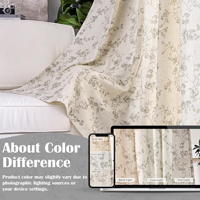Lazzzy Farmhouse Linen Curtains Extra Long Gray Floral Curtains 108 Inch Long - Image 6