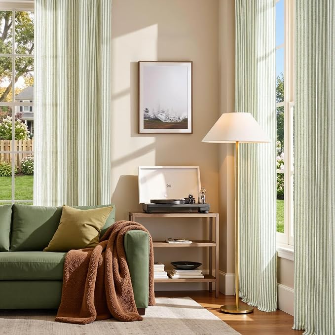 JINCHAN Linen Curtains for Living Room Sage Green on Beige Striped Curtains for - Image 3