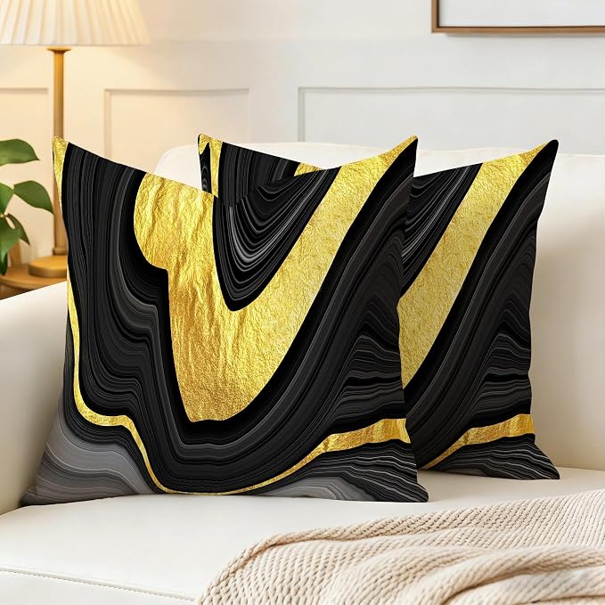 Black and Gold Marble Texture Throw Pillow Covers 18x18 Inch Set of 2, - Image 3