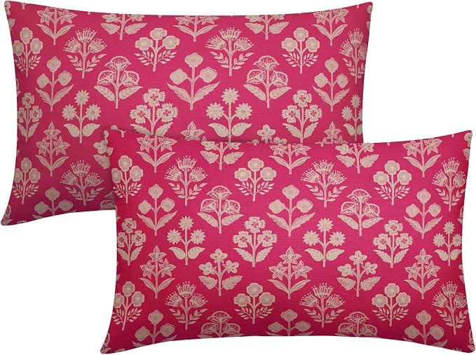 Hot Pink Pillow Covers 12x20 Inch Set of 2, Cream Floral Block Print Pattern by Sivirary