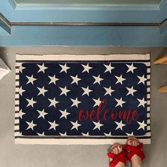 July 4th Door Mat, American Patriotic Memorial Day Blue Stars Indoor Outdoor - Image 2