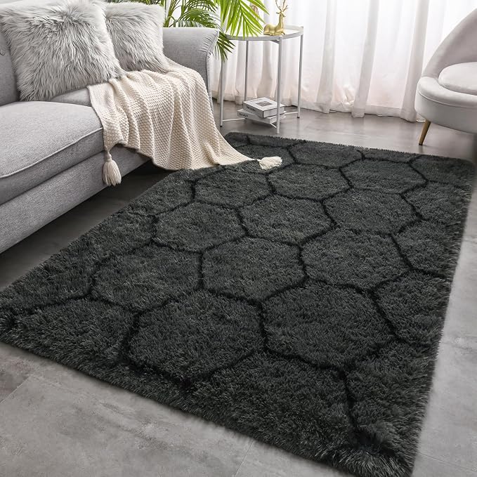 Meralax Hexagon Grey Rugs for Living Room Bedroom, 4x6 Soft Area Rug Fluffy by Merelax