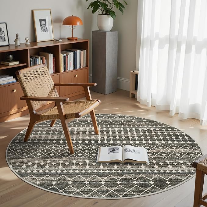 Miukiki Round Rugs 6ft for Living Room Moroccan Washable Circle Rug Non Slip by Miukiki