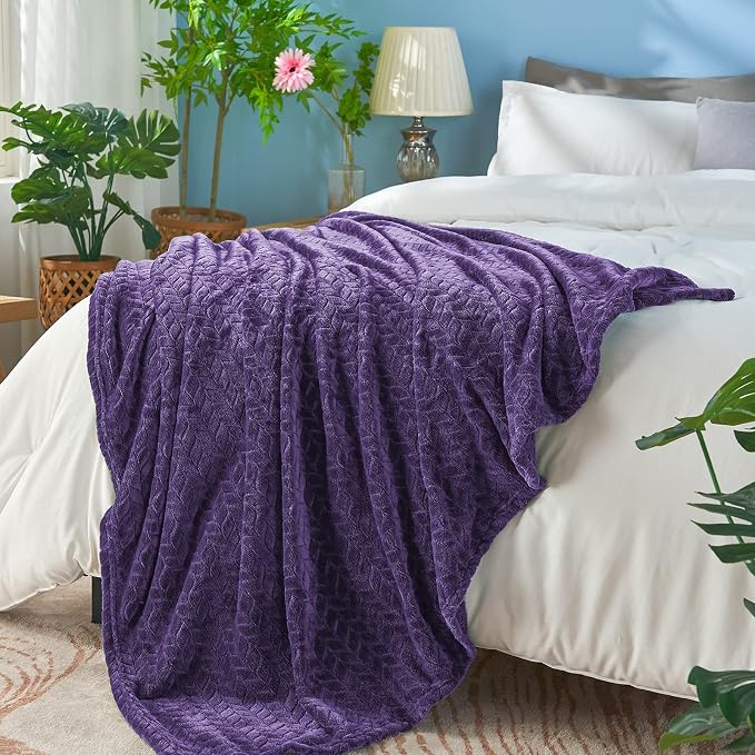 inhand Purple Fleece Twin Blanket, Super Soft Flannel Leaves Pattern Fuzzy - Image 2