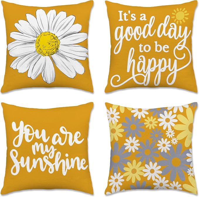 Hexagram Spring Summer Pillow Covers 18x18 Set of 4, Outdoor Floral Daisy by Hexagram