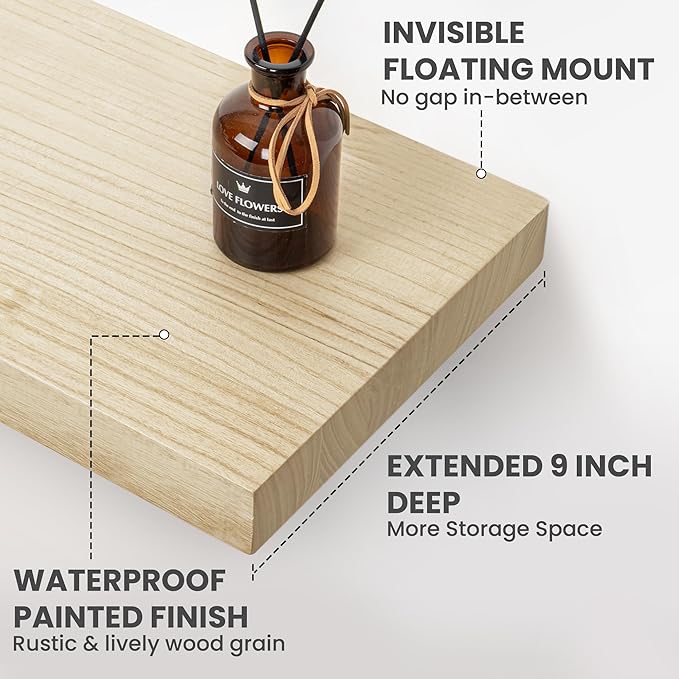 Solid Wood Floating Shelves For Wall, 48”W x 9”D x 1.56”H Large Wall Shelves - Image 5