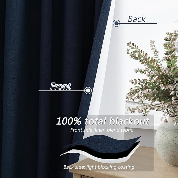 Guken Navy Blue 100% Blackout Linen Curtains 63 Inch Length 2 Panels Set - Image 4