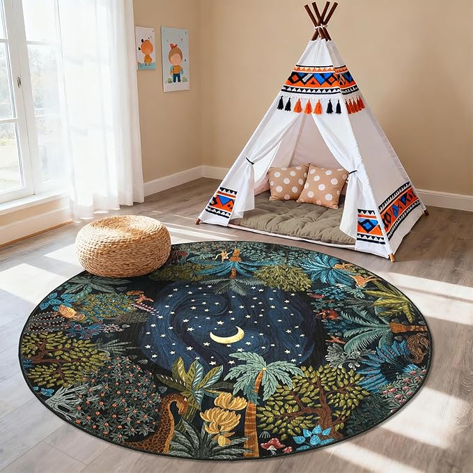 GarveeHome Round Area Rugs 8ft for Living Room, Large Green Jungle Washable - Image 7