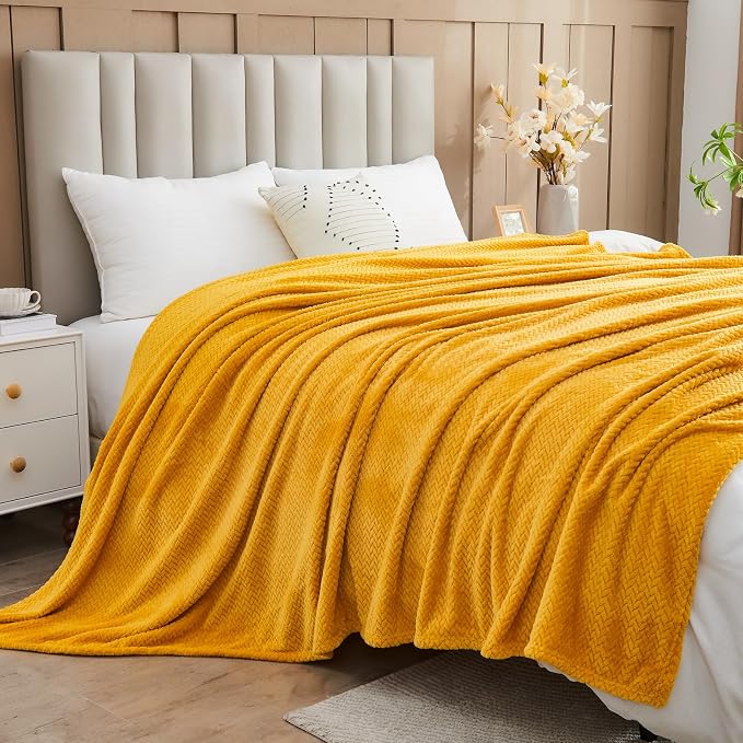 NEWCOSPLAY Super Soft Queen Blanket Mustard Yellow Premium Silky Flannel Fleece - Image 3