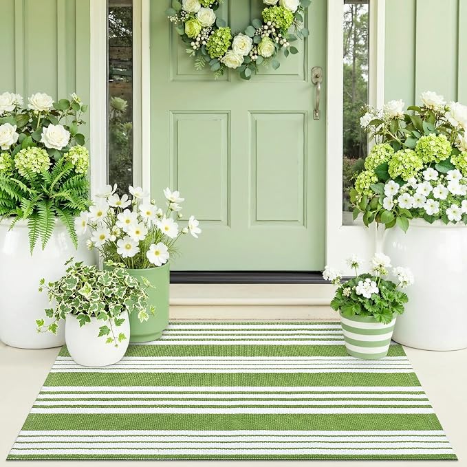 OLANLY Green and White Classic Striped Rug 2' x 4'3" – Washable Cotton Indoor - Image 7