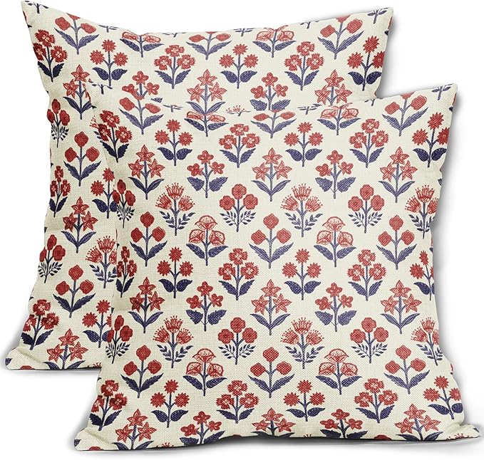 4th of July Patriotic Floral Block Print Pillow Covers 24x24 Inch Set of 2 by Sivirary
