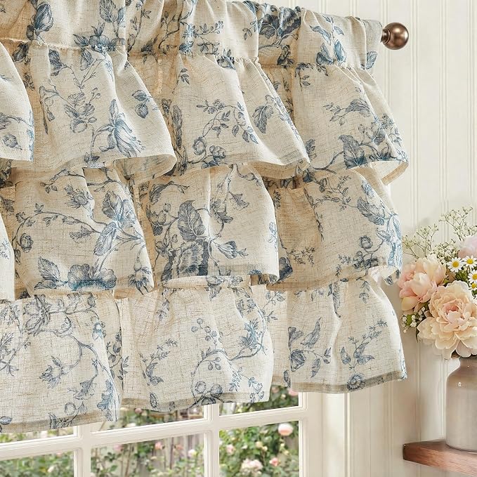 jinchan Amlie Ruffled Floral Valance Curtain Shabby Chic Linen Kitchen Valance by JINCHAN