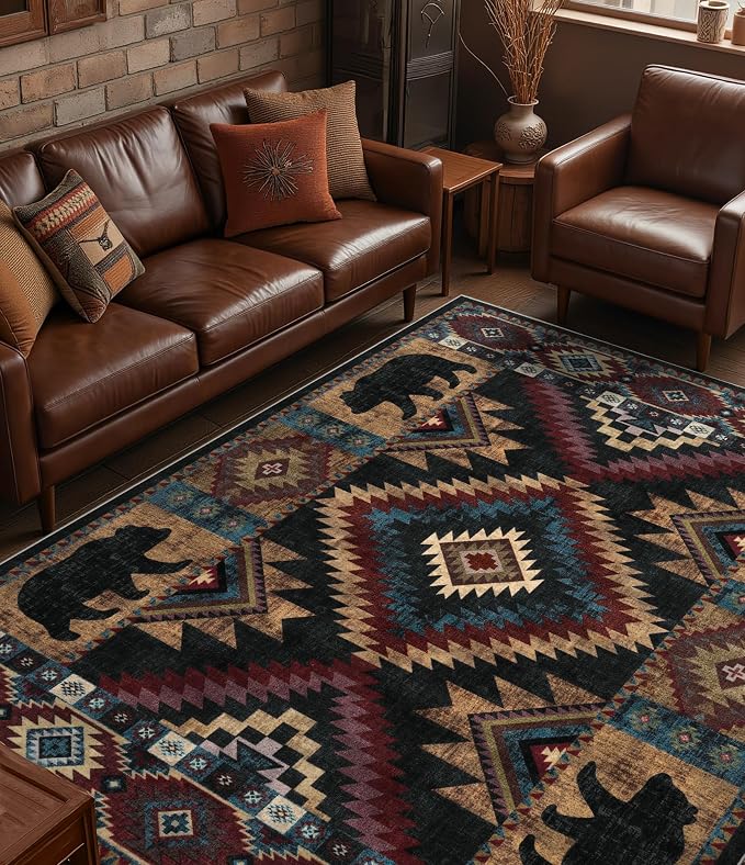 YIHOUSE Rustic Cabin Area Rug for Living Room 8x10, Machine Washable Lodge Bear by YIHOUSE