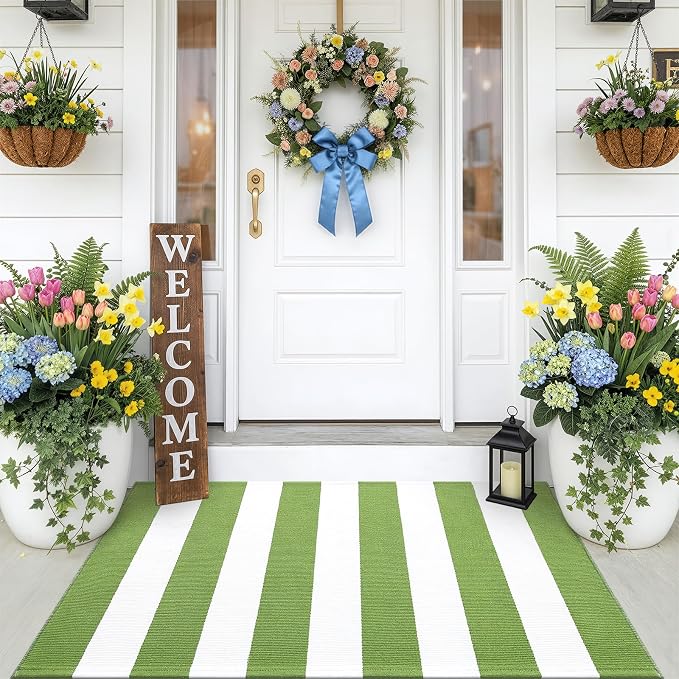 OLANLY Green and White Striped Rug 2' x 3' – Washable Cotton Indoor Outdoor - Image 7