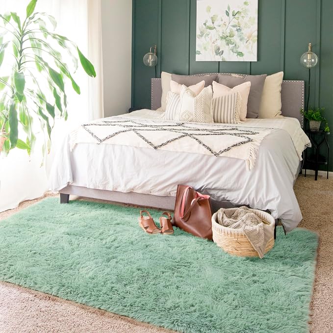 Amdrebio Sage Green Area Rugs for Bedroom Aesthetic, Fluffy Furry Rugs for - Image 3