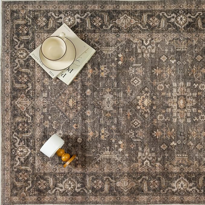 3x3 Washable Round Rug for Entryway Vintage Brown Non Slip Low Pile Carpet - Image 7