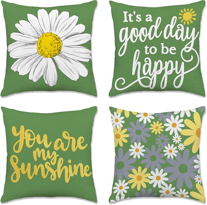 Hexagram Spring Summer Pillow Covers 18x18 Set of 4, Outdoor Floral Daisy by Hexagram