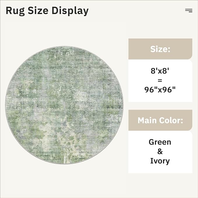 8x8 Green/Ivory Round Rug 8ft Living Room Circle Rug Vintage Round Area Rug Non - Image 5